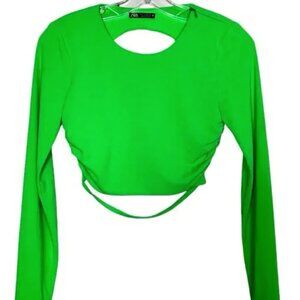 ZARA Long Sleeve Crop Top, Open Back, Cut Out Cropped Shirt Womens Sz M Green